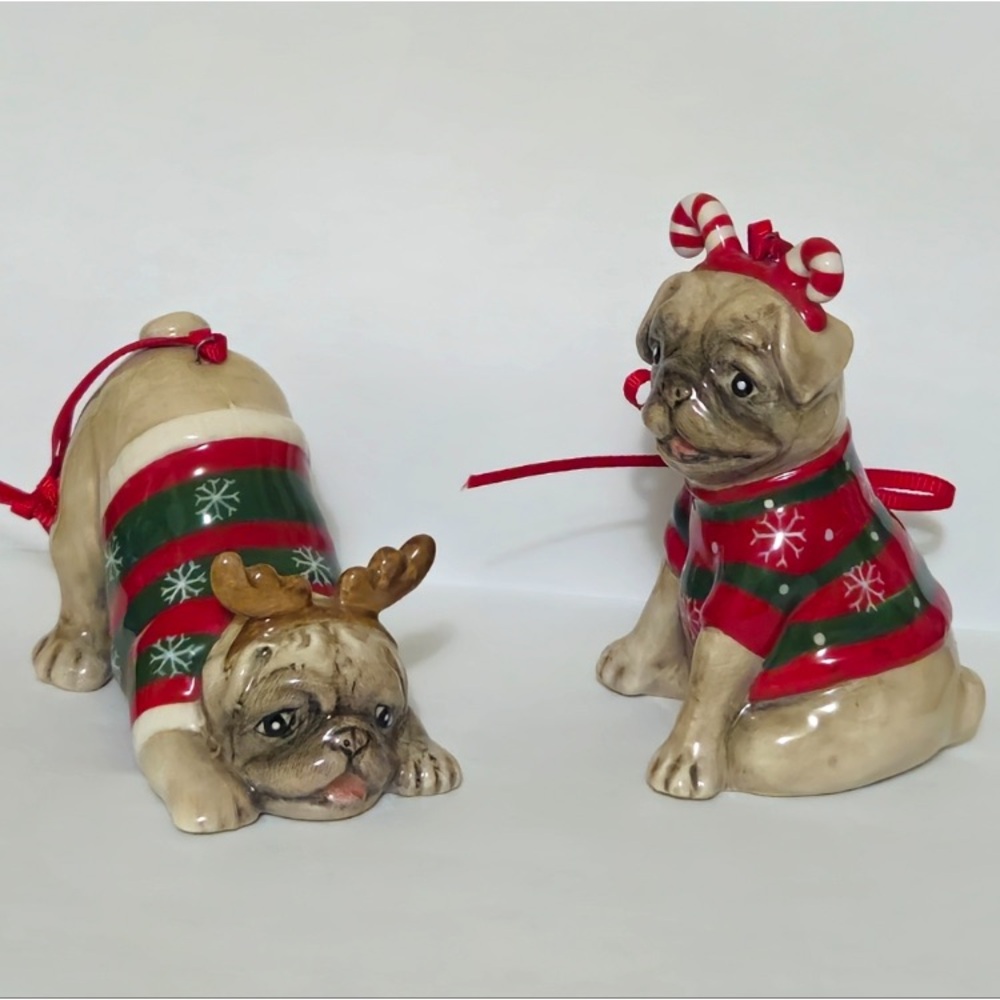 New boxed Blue Sky Hand Crafted Hand Painted Stoneware Pug Holiday Ornaments